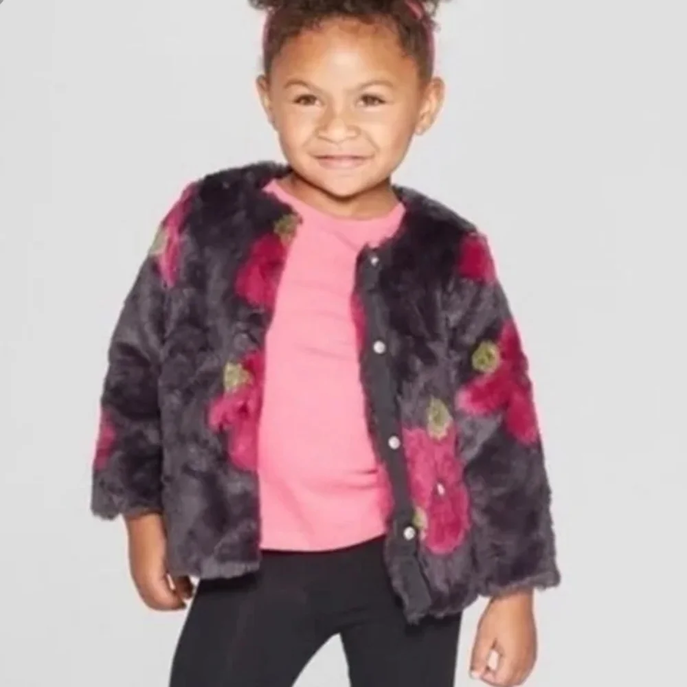 Genuine Kids faux fur floral snap front jacket coat‎